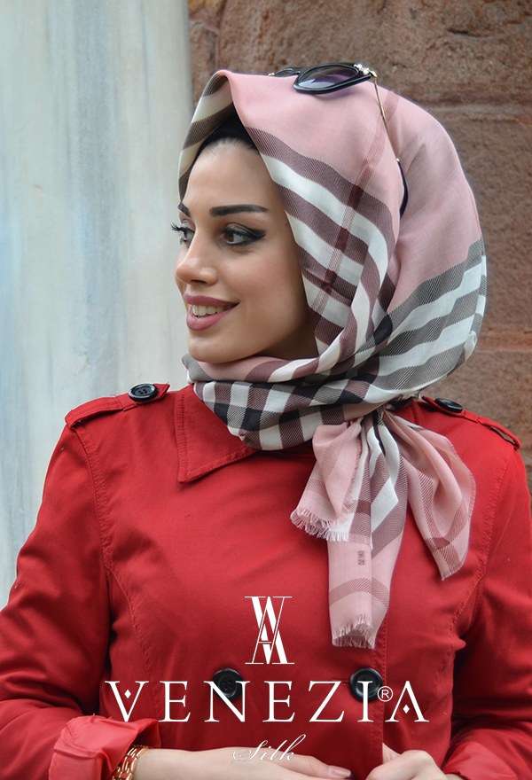AKER - Desenli Pamuk Kumaş Pembe Beyaz Orjinal Renk Eşarp Aker - 766564-754