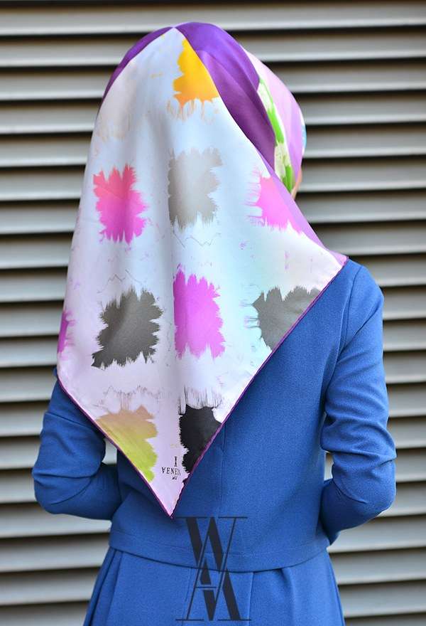 Armine - Twill İpek Eşarp Mor Pembe Desenli 98350-9 Armine (1)